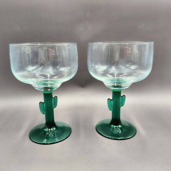 Libbey Cactus Stem Margarita Glasses 12 oz Green & Clear 6" Set Of 2 - Picture 1 of 5